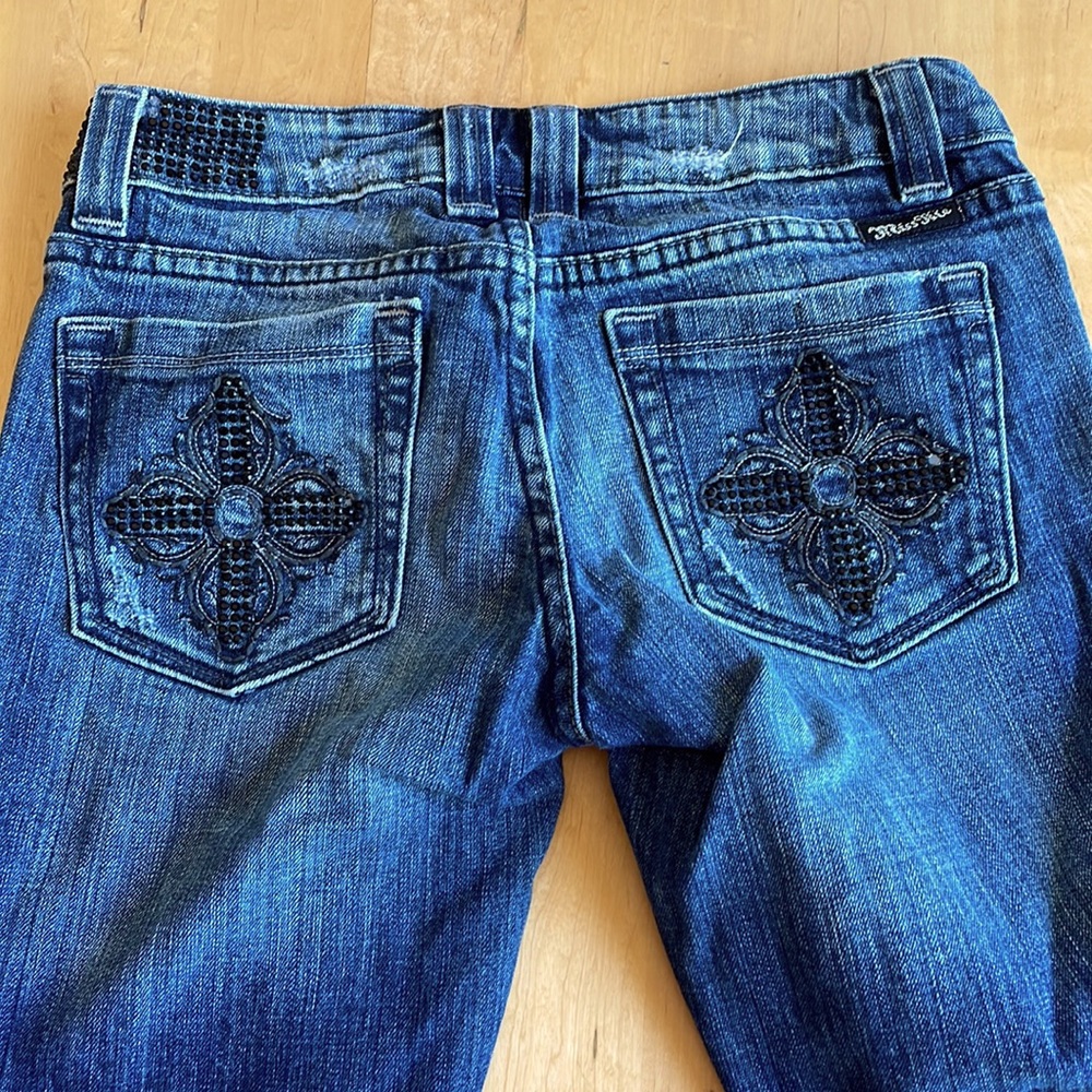 Miss Me dark blue jeans black rhinestones cross 27 32 boot stretch elastin